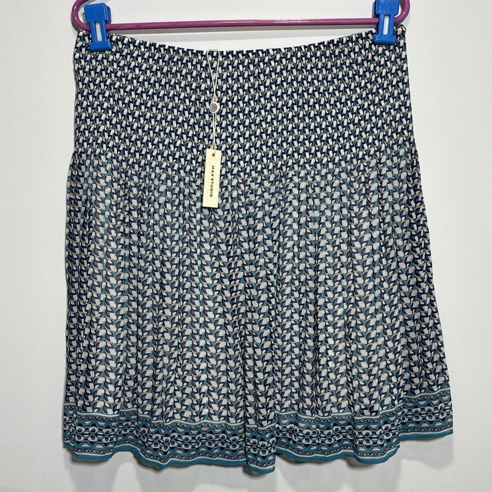 Max Studio Geometric Printed Pleated Skater Skirt Blue Elastic Waist NEW Sz XL